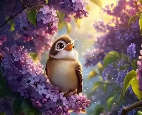 Cartoon bird with large eyes perched on a branch with purple lilacs, soft glowing background.