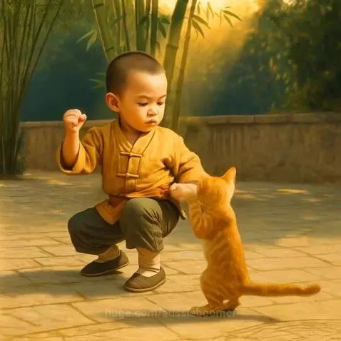 A boy and his kitten practice kung fu by aussieboomer