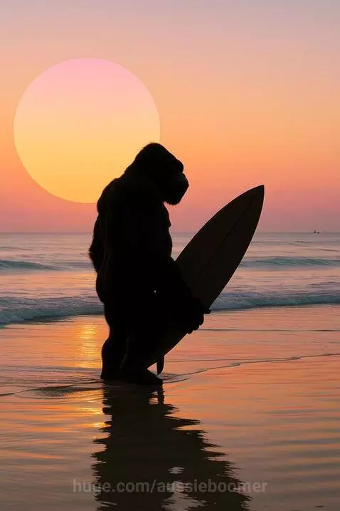 Surfer Gorilla mirage under pastel sky and glowing sun on re... by aussieboomer
