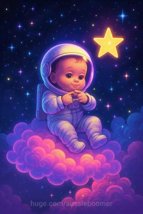 A baby floats among neon clouds in space, reaching for glitt... by aussieboomer