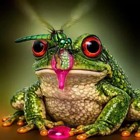 Close-up AI art of a green frog with red eyes and a dragonfly on its head, with pink liquid dripping.