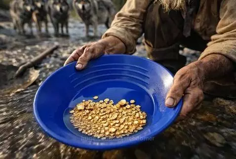 Elderly prospector panning for gold in a mountain stream, with wolves, deer, and birds nearby.