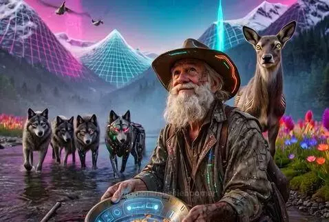 Cyberpunk mountain man panning for gold in a neon-lit stream with cyborg wolves and futuristic city.