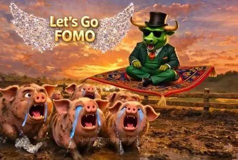 Cartoon bull in suit on magic carpet flying away from crying pigs in a muddy field at sunset.