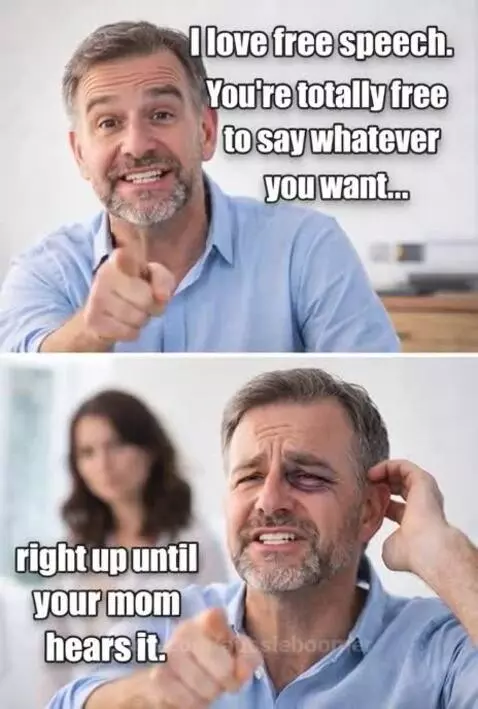 Meme of a man with a black eye saying he loves free speech, implying his mom reacted negatively.