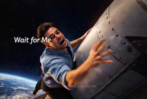 Man clinging to a rocket launching into space, screaming in regret, with text about FOMO and paper hands.