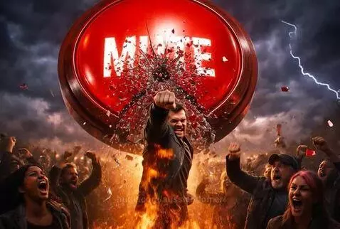Man breaking a giant red 'MUTE' button amidst flames and a stormy sky, symbolizing free speech.