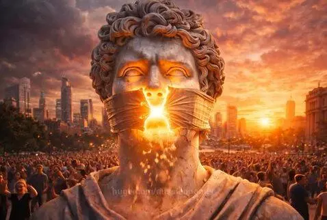 Stone statue with mouth covered shatters to reveal a glowing, roaring mouth, with a city skyline at sunset and a cheering crowd.