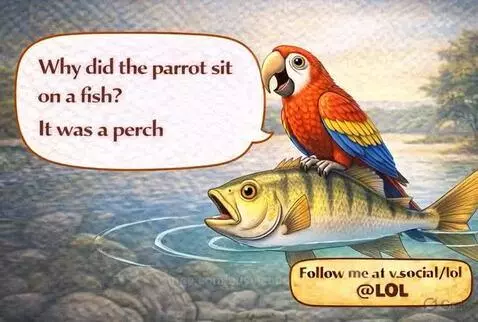 Animated colorful parrot sitting on a fish in water, with a speech bubble asking a joke.