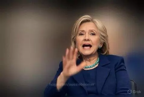 Hillary Clinton in a navy suit and turquoise necklace speaking directly to the camera, denying association with Epstein.