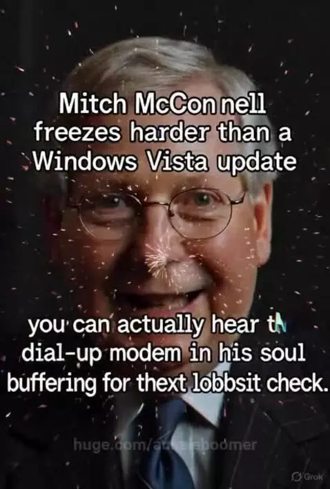 Mitch McConnell with glitching, pixelated effects and dial-up modem sound overlay.