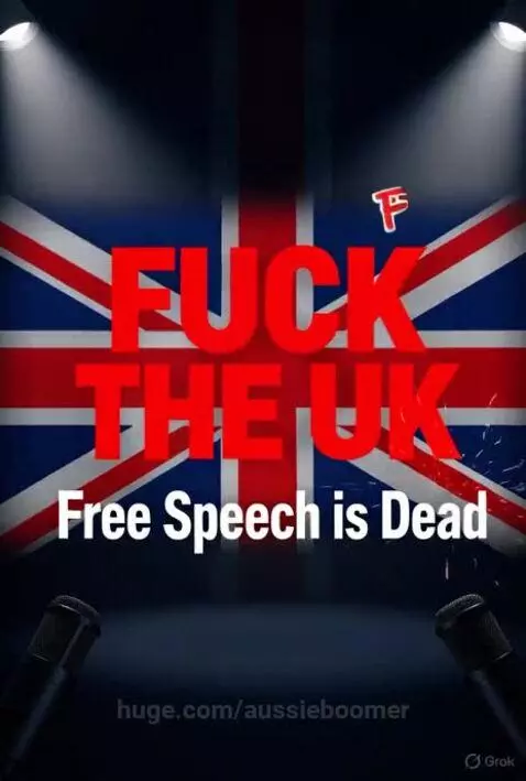 Man with intense expression points at Union Jack flag with 'FUCK THE UK' and 'Free Speech is Dead' text.