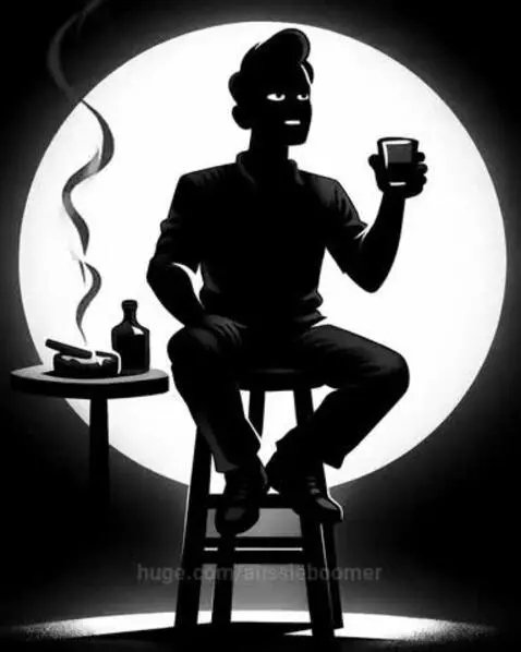 Black and white cartoon of a silhouetted man on a stool under a spotlight, telling a joke with a glass and cigar.