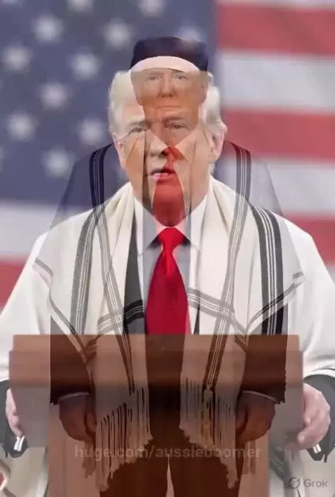 AI-generated image of Donald Trump wearing a kippah and tallit, standing at a podium with an American flag.