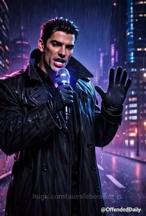 AI man in trench coat with microphone in neon-lit rainy city at night, telling a joke.