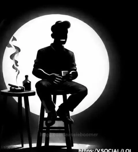 Animated silhouette of a man under a spotlight telling a joke about sharks.
