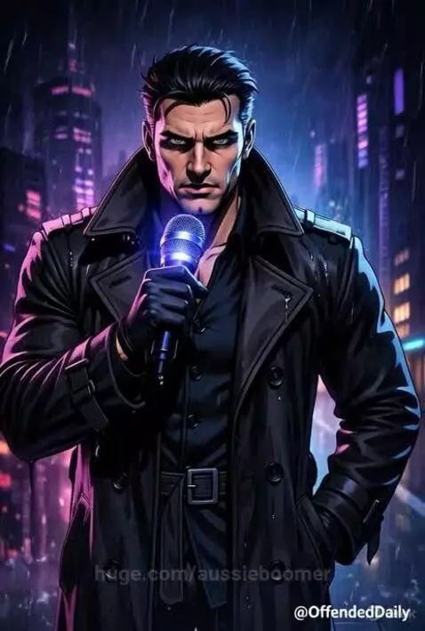 AI man in trench coat tells a joke about a nun in a wheelchair, with a grinning expression.