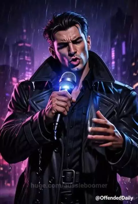 Man in black trench coat holding glowing microphone in neon-lit rainy city, intense expression.