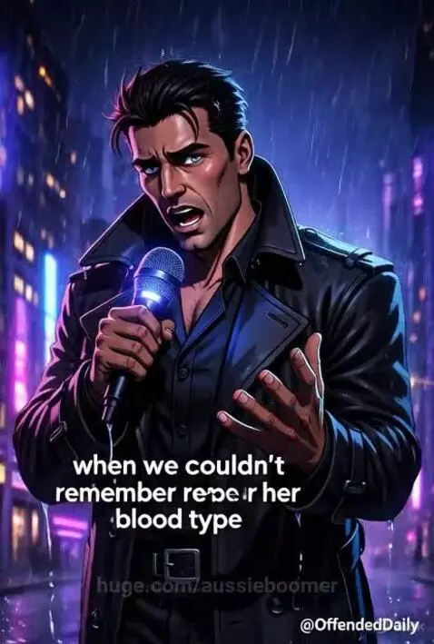 AI-generated image of a man in a trench coat holding a glowing microphone on a neon-lit, rainy city street.