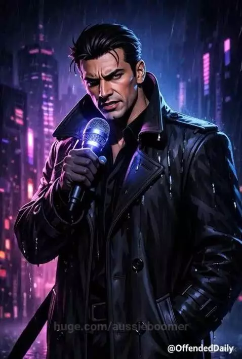 Animated man in a black trench coat holding a glowing microphone in a neon-lit city, asking a riddle.