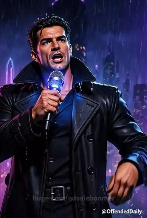 Animated man in trench coat telling a joke in a neon-lit city at night.
