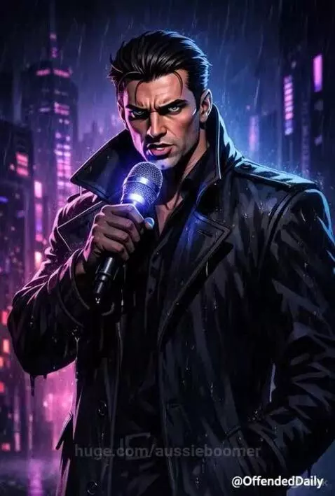 AI man in dark coat with glowing microphone in a rainy neon city, grinning.
