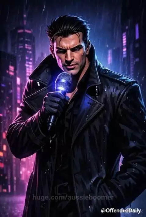 Man in trench coat holding microphone, making OK gesture and licking fingers in neon city at night.