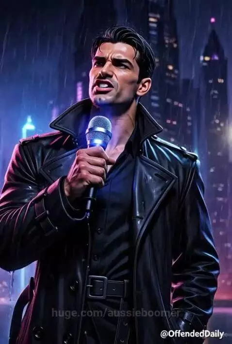 Man in black trench coat holding microphone in neon-lit rainy city, delivering a dark humor joke.