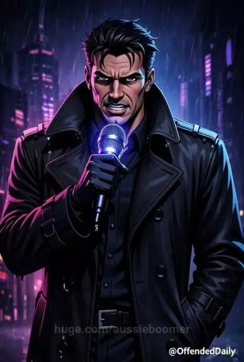 Man in trench coat and gloves holding a glowing blue microphone on a rainy street at night, telling a dark humor joke.
