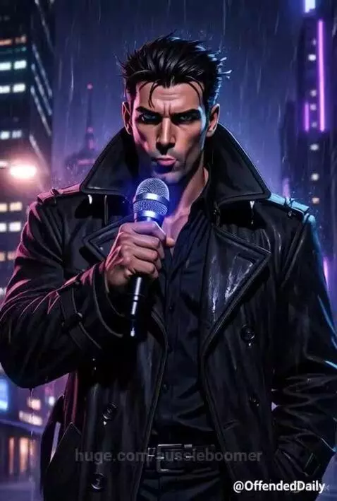 AI-generated man in a trench coat holding a glowing microphone, telling a joke in a neon-lit rainy city.