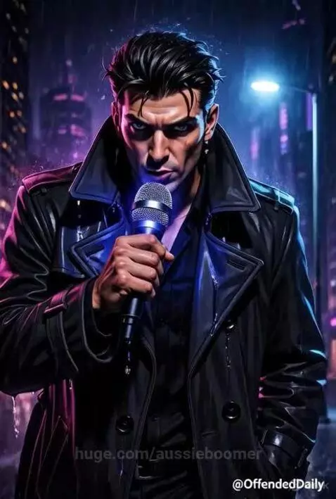Animated man in trench coat holding microphone in neon city street, delivering a dark joke.