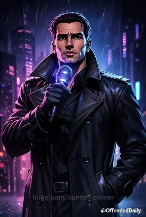 Animated man in trench coat holding glowing microphone, telling a robot joke in a neon city.