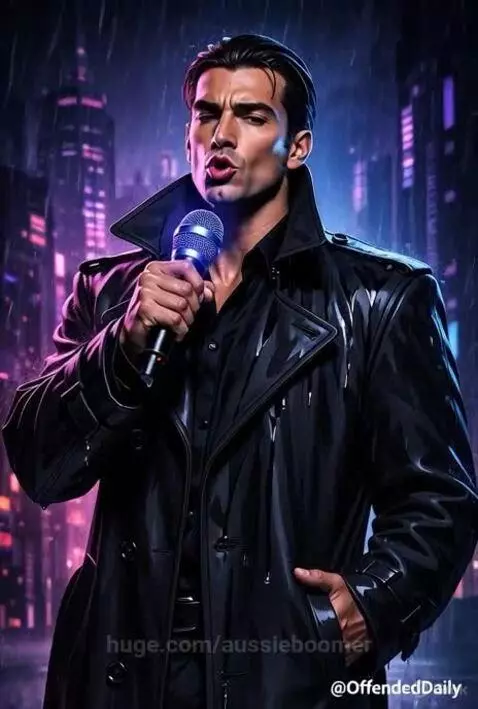 AI-generated image of a man in a trench coat holding a microphone in a rainy, neon-lit city at night.