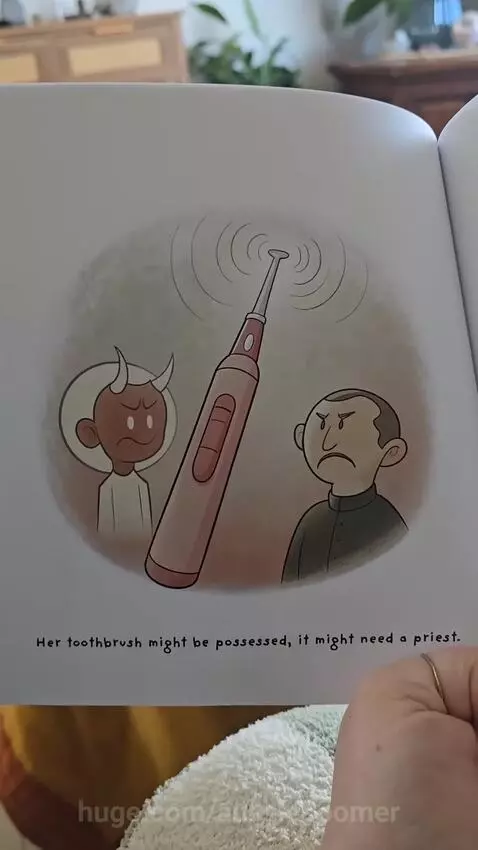 Illustration from 'Mommy's Vibrating Toothbrush' parody book, showing a woman at a sink with a toothbrush.