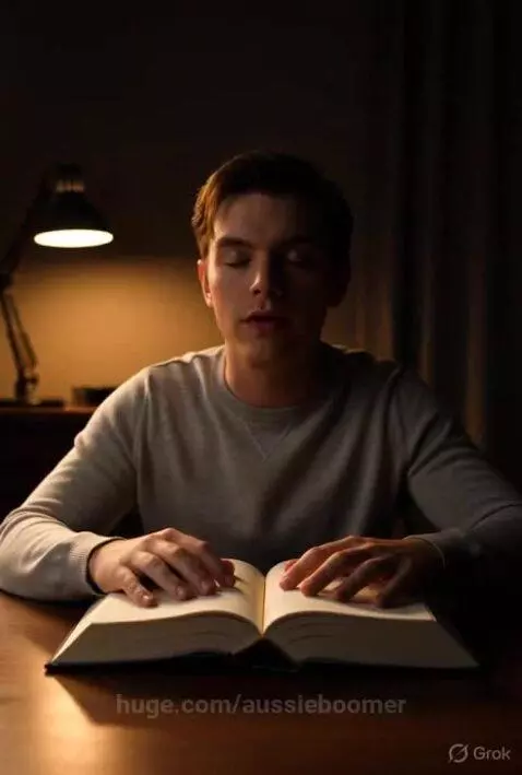 Young man with light brown hair reading a braille book under a desk lamp in a dark room.