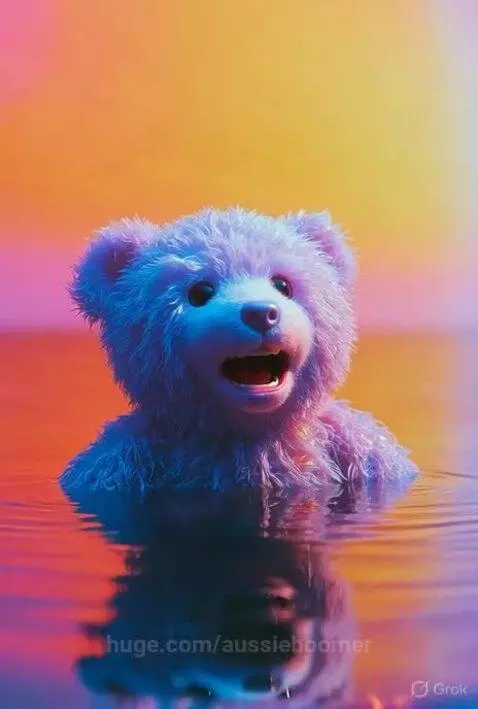 Fluffy purple and blue bear creature with wide eyes and paws covering face, reacting to water splash.