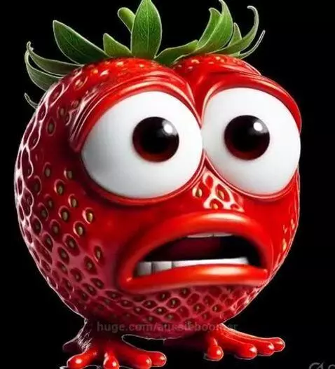 Animated sad strawberry transforms into a winking blueberry.
