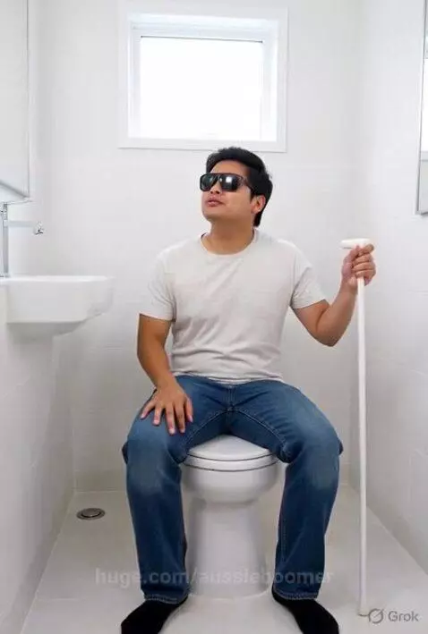 Man wearing sunglasses and holding a white cane sits on a toilet, then pulls out a plunger.