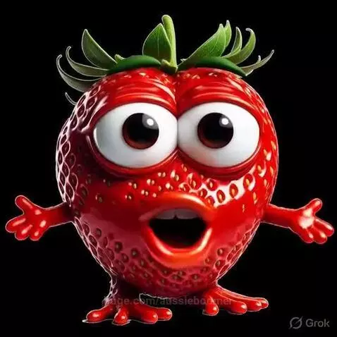 Cartoon strawberry character with big eyes smiling joyfully, asking a joke.