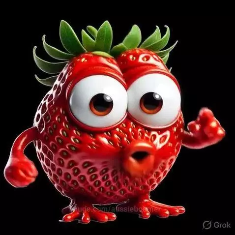 Animated strawberry character with a gun robbing a bank.