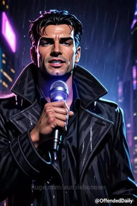 Animated man in trench coat on rainy street at night holding a glowing microphone, telling a joke.