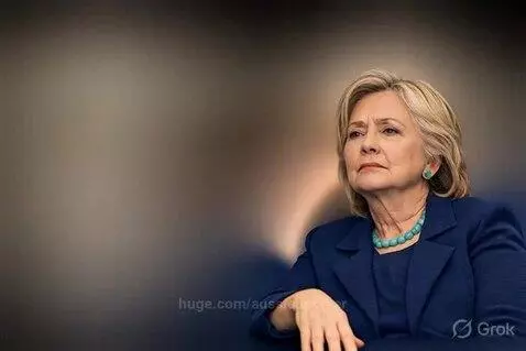 Hillary Clinton in a blue suit and necklace, smiling and gesturing while responding to a question.