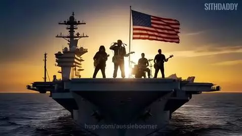 AI-generated band with Donald Trump as lead singer performing a Queen cover in war-themed settings.