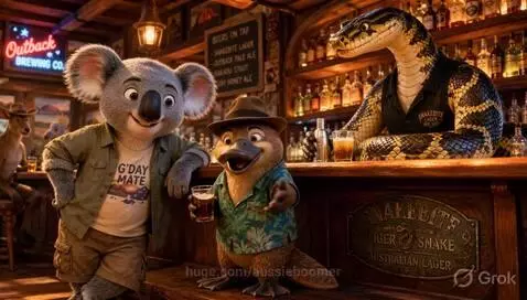 Anthropomorphic Australian animals, including a koala and platypus, enjoying drinks in a rustic bar setting.