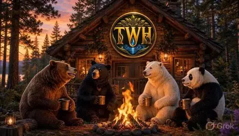 Four animated bears of different species sitting around a campfire at sunset, sharing jokes and holding mugs.