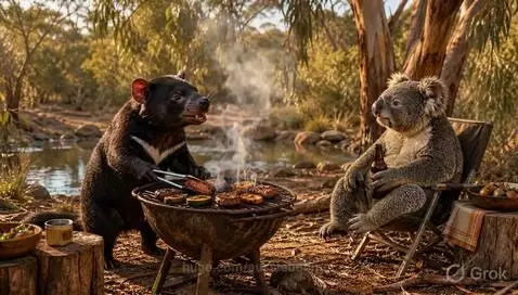 Anthropomorphic Tasmanian devil grilling food next to a koala relaxing by a watering hole.