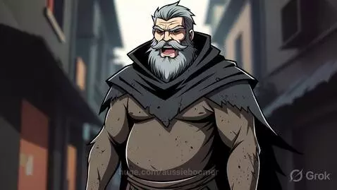 Animated older man with grey beard transforming his cloak and tunic into matrix green digital code.