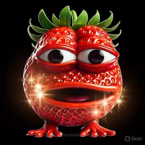Cartoon strawberry creature with big eyes on a black background, telling a dad joke.