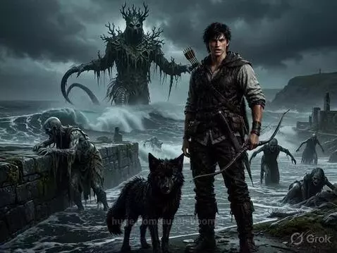 Dark fantasy scene with an archer and wolf facing a giant skull-faced sea monster during a storm.