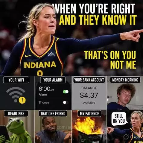 Female basketball player in Indiana uniform pointing and yelling, with meme text overlay.